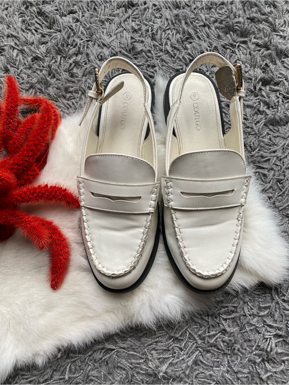 COUTGO Cream Leather Slingback Penny Loafers